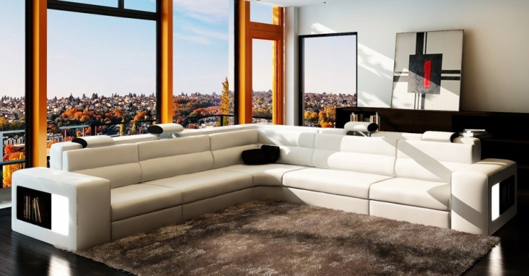 Sofá de cuero con USB Sofá en forma de L Asiento Acolchado Conjunto de sala de estar XXL Grande Sauce Negro