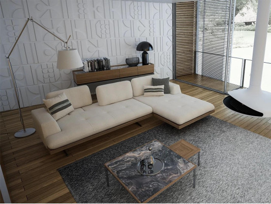 Sofá de lujo moderno para la sala de estar, sofá esquinero de relax en forma de L con 2 mesas de centro.