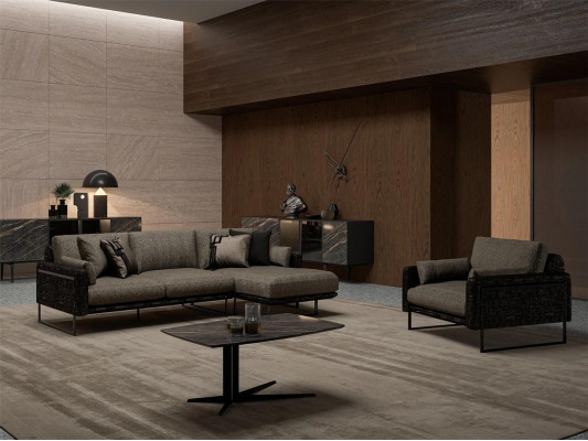 Conjunto de sofás de lujo en forma de L con sillón, mesa de centro.
