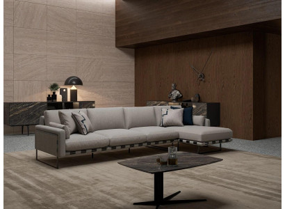 Sala de estar tapizada en tela, sofá tapizado en forma de L, mobiliario de lujo, muebles de diseñador.