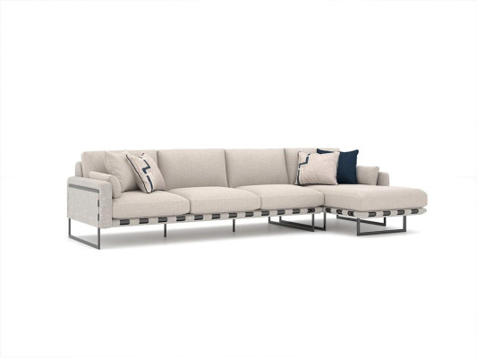 Sala de estar tapizada en tela, sofá tapizado en forma de L, mobiliario de lujo, muebles de diseñador.