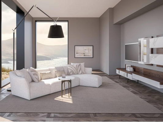Sofá de salón en forma de L, conjunto de esquina de diseño, blanco, lujoso mueble tapizado.