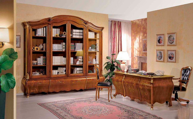 Juego de oficina marrón de lujo Escritorio Vitrina Silla giratoria Clásico de 3 piezas