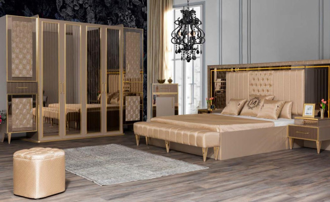 Muebles de dormitorio cama doble con mesitas de noche armario empotrado otomana en un exquisito diseño premium.