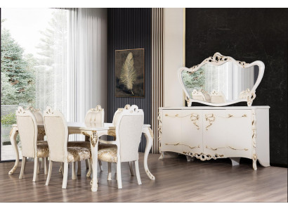 Juego de comedor de 9 piezas. Conjunto de lujo. Mesa + 6 sillas + aparador + espejo. Nuevo. Muebles.