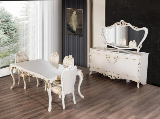 Juego de comedor de 9 piezas. Conjunto de lujo. Mesa + 6 sillas + aparador + espejo. Nuevo. Muebles.