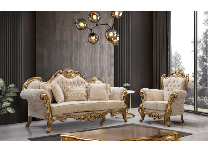 Sofá Chesterfield y sillón en beige en un diseño de lujo de alta calidad.