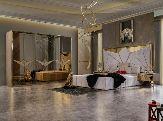 Experiencia de dormitorio glamorosa. Conjunto de muebles de lujo con detalles en tonos dorados apasionados.