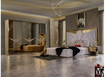 Experiencia de dormitorio glamorosa. Conjunto de muebles de lujo con detalles en tonos dorados apasionados.