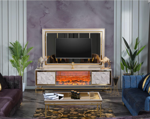 Estante de chimenea para televisor con juego de mesa de café en un elegante diseño premium de acero inoxidable.