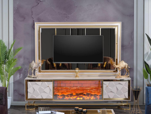 Estante de chimenea para televisor con juego de mesa de café en un elegante diseño premium de acero inoxidable.