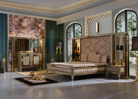 Conjunto de dormitorio de diseñador cama doble mesitas de noche cómoda con espejo premium
