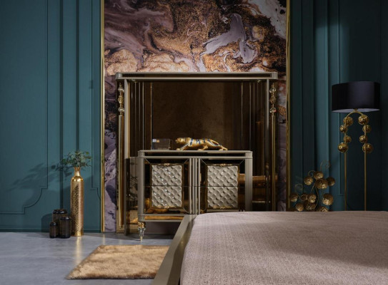 Conjunto de dormitorio de diseñador cama doble mesitas de noche cómoda con espejo premium