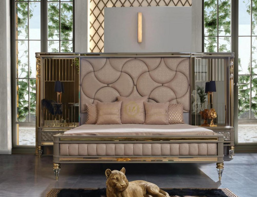 Conjunto de dormitorio de diseñador cama doble mesitas de noche cómoda con espejo premium