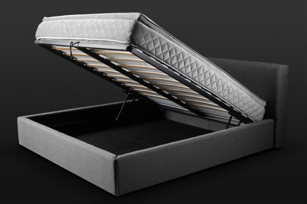 Cama doble gris acolchada con diseño de cama con almacenamiento de tela elegante