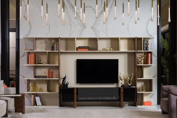 Muebles de salón modernos de madera para la televisión en estilo regal con estante y soporte para la televisión.