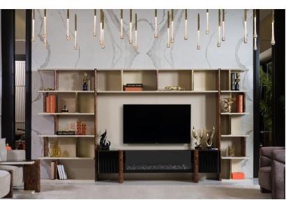 Muebles de salón modernos de madera para la televisión en estilo regal con estante y soporte para la televisión.