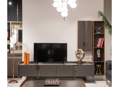 Mueble de salón de madera para TV moderno con estantería y armario de pared.