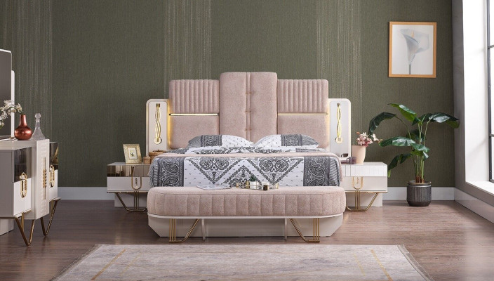 Conjunto de dormitorio de lujo de 5 piezas. Cama 2 mesitas de noche Armario Banco Moderno