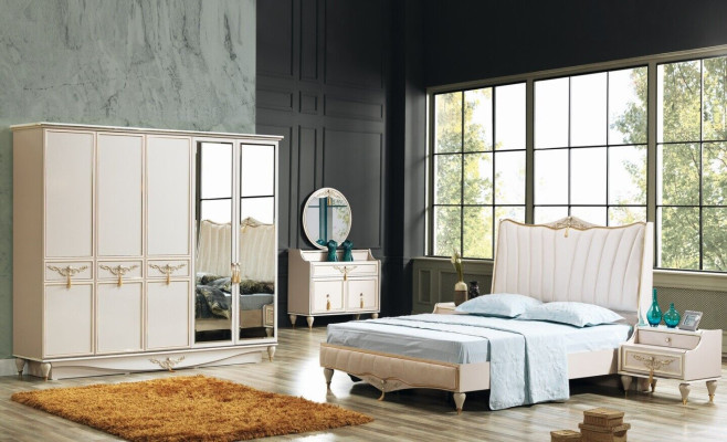 Juego de dormitorio de lujo con cama + 2 mesitas de noche + armario + cómoda. Completo y moderno.