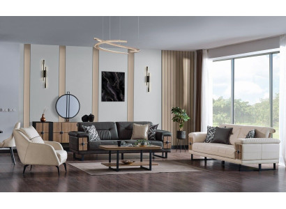 Sofá modular de 3+3+1 plazas, set completo de sala de estar, tela y madera, sofá y sillón.