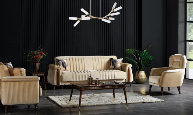 Conjunto de sofás 3+3+1 Sala de estar completo Sofá Textil Sillón Madera Beige
