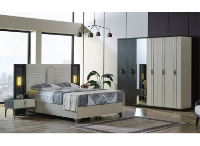 Juego de dormitorio de lujo de 4 piezas. Cama, 2 mesitas de noche, armario. Beige.
