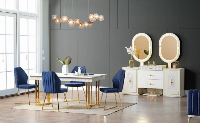 Juego de comedor de lujo, mesa de comedor + 6 sillas + cómoda, conjunto de comedor nuevo de 8 piezas.