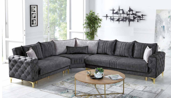 Sofá esquinero gris para sala de estar en forma de L moderno Chesterfield de lujo nuevo.
