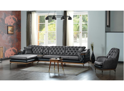Juego de sala negro con sofá esquinero en forma de L y sillón moderno Chesterfield completo.