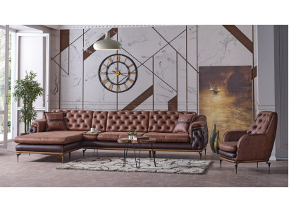 Sofá esquinero en forma de L, sillón marrón, juego de sala completo de 2 piezas. Lujo marrón.