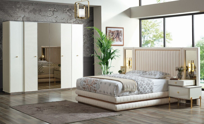Juego de dormitorio con cama, 2 mesitas de noche, armario. Muebles de diseño de 4 piezas. Beige.