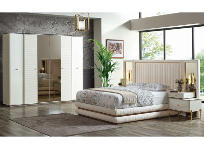 Juego de dormitorio con cama, 2 mesitas de noche, armario. Muebles de diseño de 4 piezas. Beige.