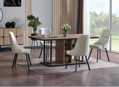 Comedor de 7 piezas. Mesa de comedor, 6 sillas de madera de diseño, nueva colección de muebles.