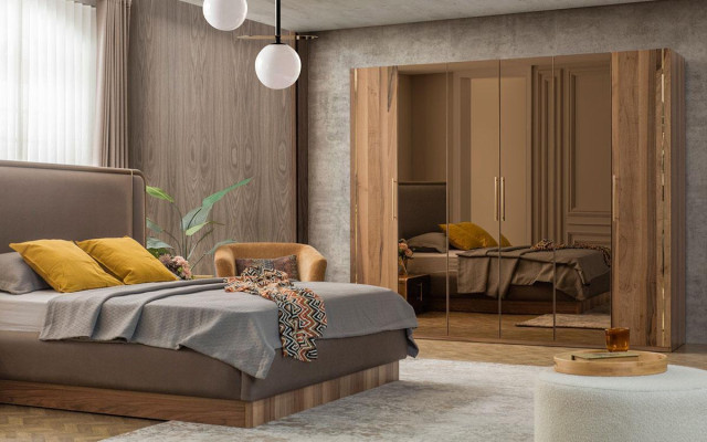 Juego de dormitorio de lujo con cama + 2 mesitas de noche + armario de madera completo moderno nuevo.