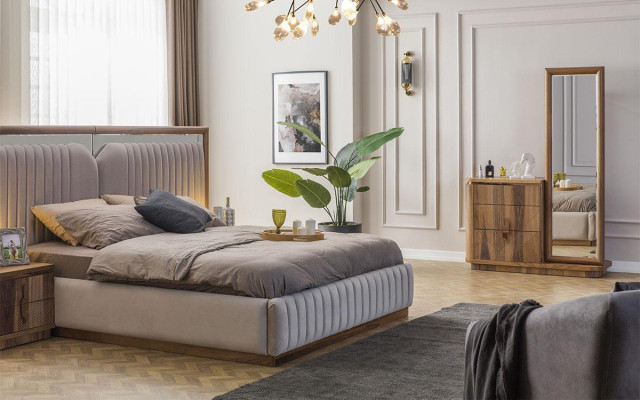 Moderno juego de dormitorio cama + 2x mesitas de noche + cómoda con espejo moderno