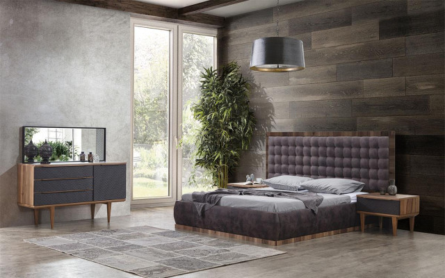 Juego de dormitorio Cama + 2 mesitas de noche + cómoda + espejo Muebles de diseños 5 piezas