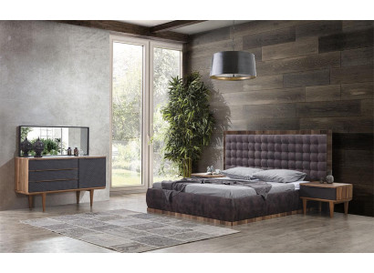 Juego de dormitorio Cama + 2 mesitas de noche + cómoda + espejo Muebles de diseños 5 piezas