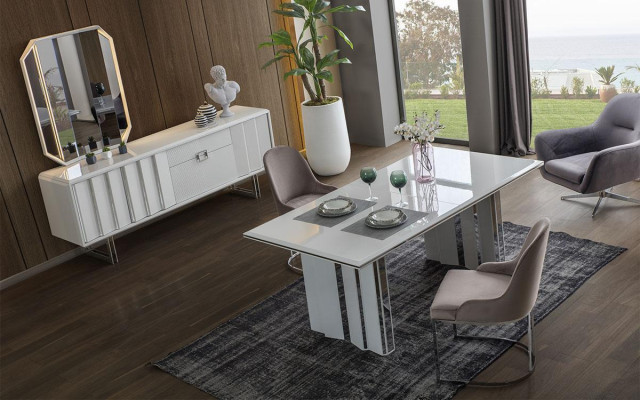 Juego de comedor de lujo Mesa de comedor + 6 sillas + Aparador con espejo Moderno Completo