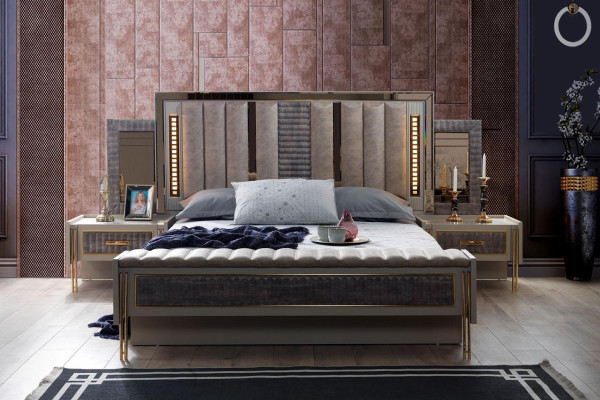 Set de dormitorio Cama 2 mesitas de noche Muebles de madera 3 piezas Diseño moderno Conjuntos Nuevos