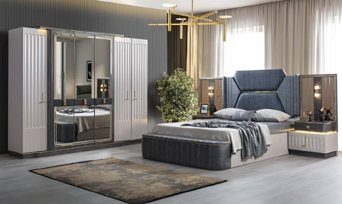 Set de dormitorio Cama 2 mesitas de noche Armario de 4 piezas Diseño Armario