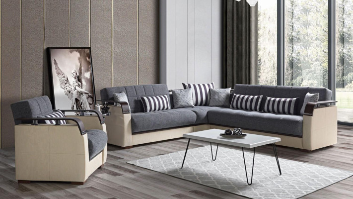 Sofá en forma de L + sillón gris juego completo de sala de estar 2 piezas. Muebles de lujo