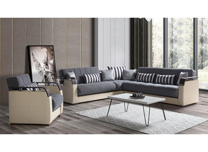 Sofá en forma de L + sillón gris juego completo de sala de estar 2 piezas. Muebles de lujo