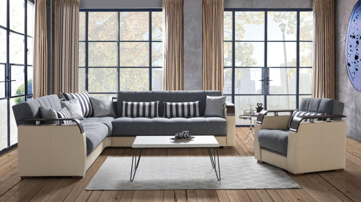 Sofá en forma de L + sillón gris juego completo de sala de estar 2 piezas. Muebles de lujo
