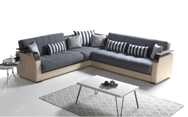 Sofá esquinero L de lujo moderno en forma de L para sala de estar de color gris.