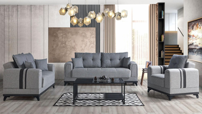 Sofá de tela de 3 plazas + 2 plazas + 1 plaza de color gris con conjunto completo de sofá de madera y sillón.