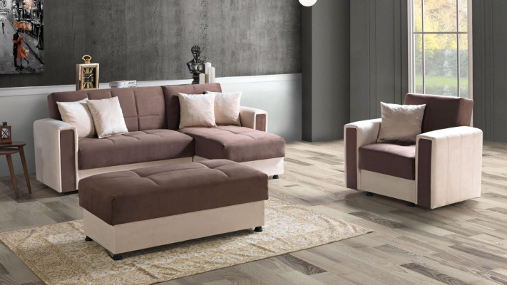 Sofá esquinero en forma de L con sillón y otomana, tela, totalmente tapizado, premium, sala de estar moderna.