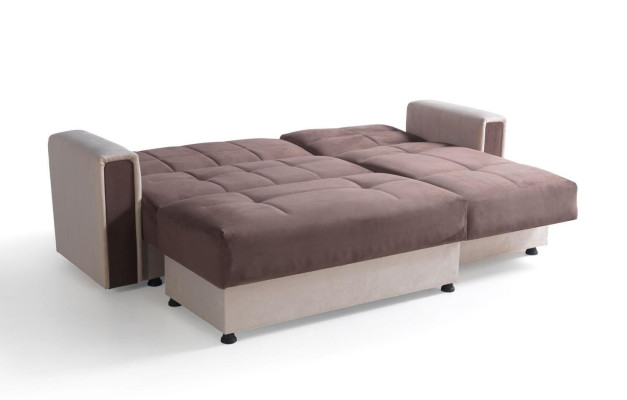 Sofá esquinero en forma de L con sillón y otomana, tela, totalmente tapizado, premium, sala de estar moderna.