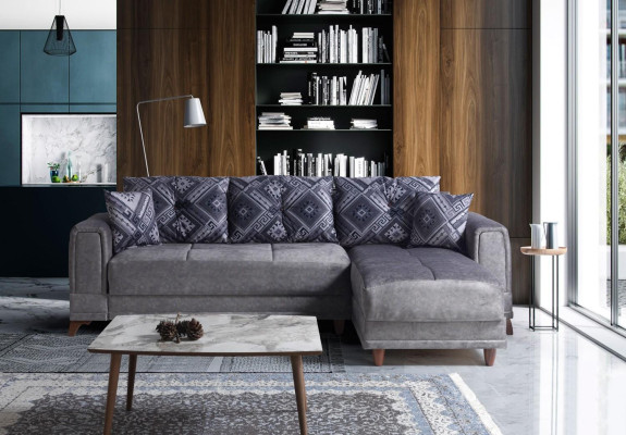 Sofá esquinero gris en forma de L, moderno para salón.