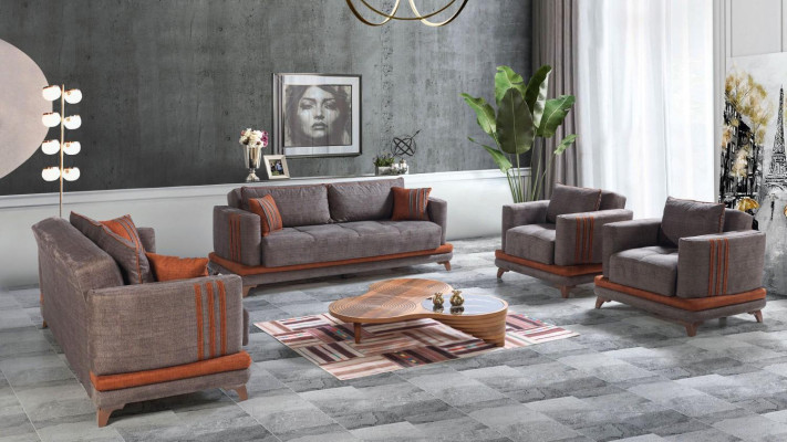 Diseño moderno de sala de estar. Conjunto de sofás 3+2+1+1 en gris. Juego de muebles de sala de estar.